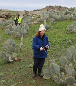Robyn and David smiling while treating wheel cactus on their property.